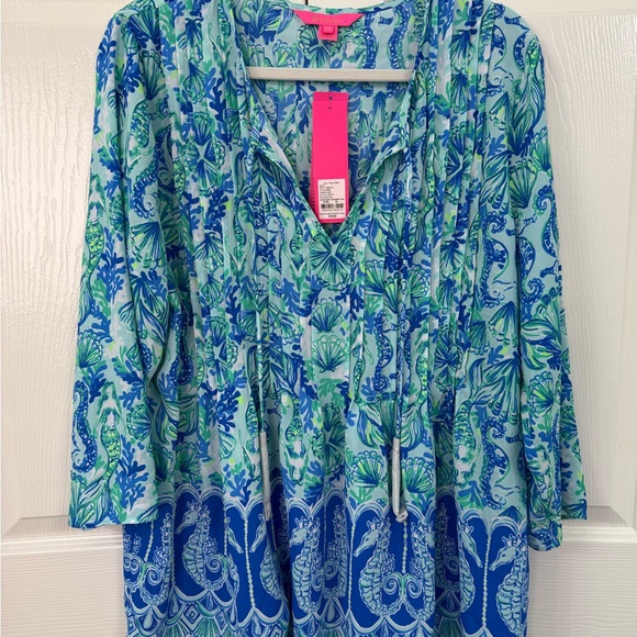 Lilly Pulitzer NWT XL Marilina Tunic in Seeing Double has Mermaids & Seahorses - Picture 4 of 5